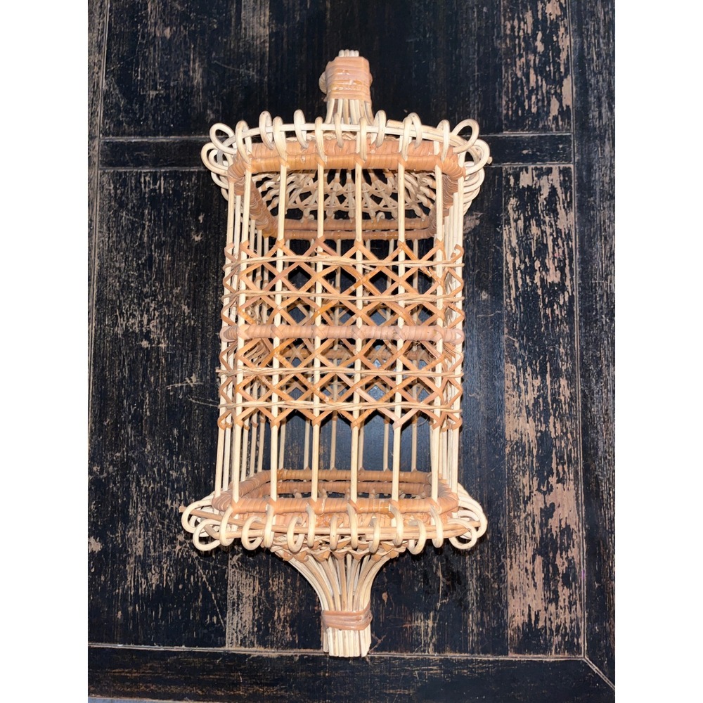 Vintage Wicker Rattan Lantern Hanging Birdcage Basket Boho Home Decor Natural
